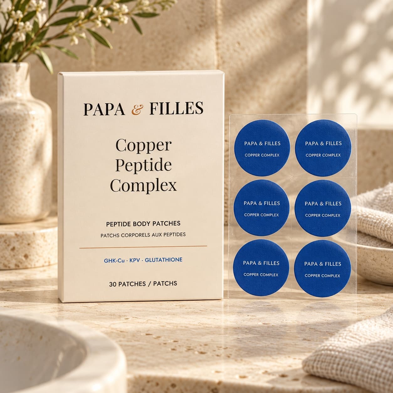 Copper Peptide Complex carton and round blue branded body patches; coming-soon packaging preview