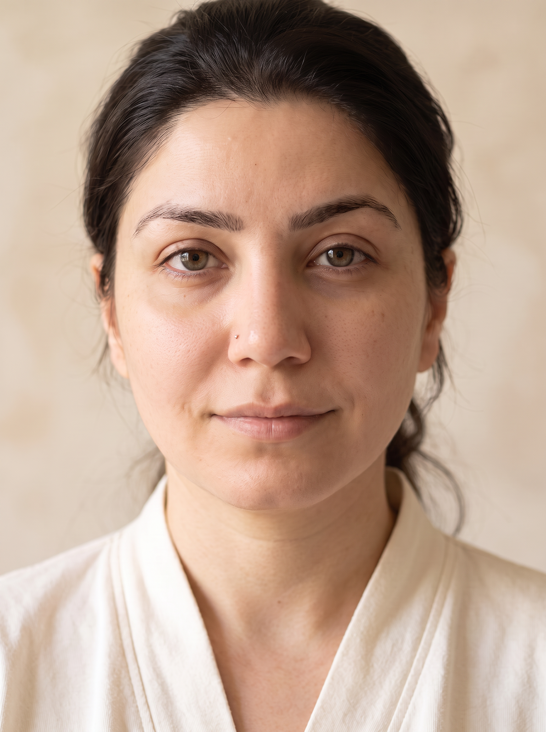 Aisha, AI-assisted bare-face beauty portrait in soft natural light